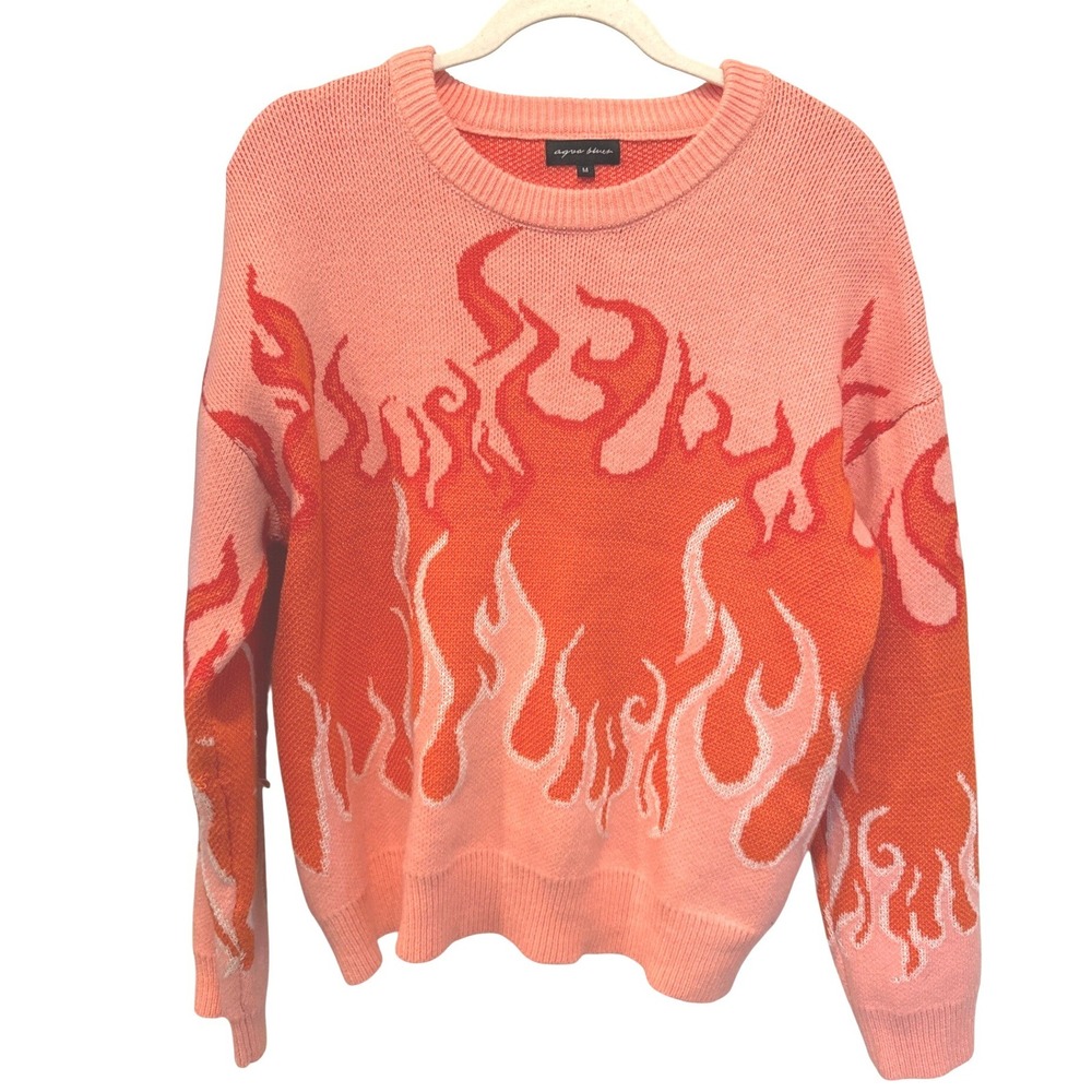 Aqua Blues Y2K Flame Sweater Pink Orange‎ Fire Graphic Knit Pullover Size Medium